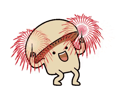 a cartoon drawing of a mushroom holding a fireworks display