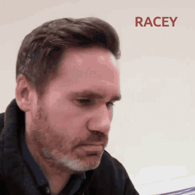 a close up of a man 's face with the word racey in the corner