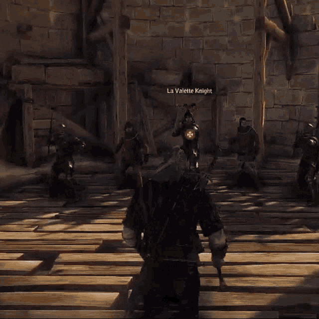 a video game character named la valette knight is standing in front of a group of soldiers