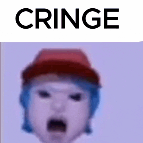 a person with blue hair is wearing a red hat and the word cringe is above them