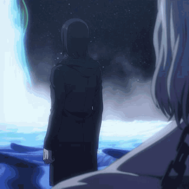 a man in a black coat is standing in front of a large blue light