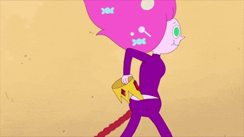a cartoon character with pink hair and green eyes is walking on a sandy beach .
