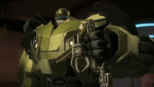 a robot with blue eyes is holding a gun in his hand .
