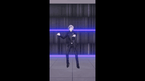 a man in a suit is dancing in front of a blue light