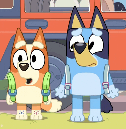 two cartoon dogs are standing next to each other with backpacks on