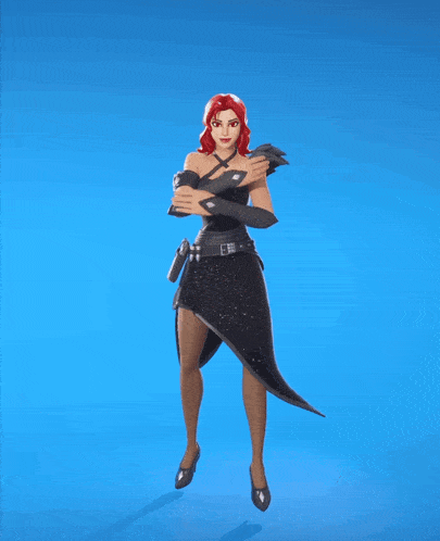 a woman in a black dress and heels is dancing on a blue background