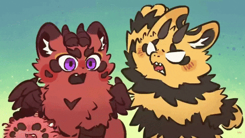 a cartoon drawing of two furry animals with purple eyes standing next to each other