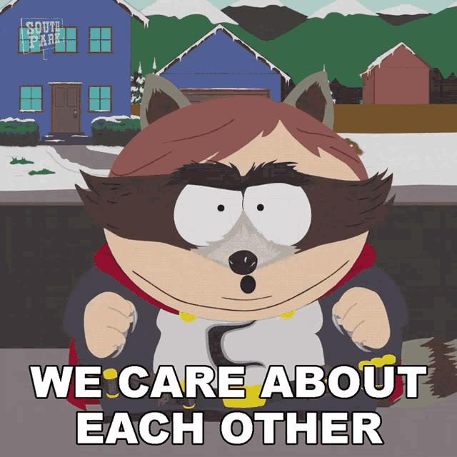 a cartoon of a raccoon with the words we care about each other