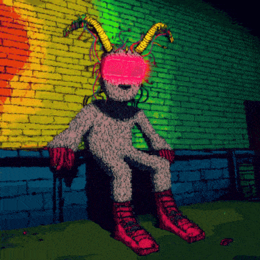 a colorful drawing of a rabbit with horns