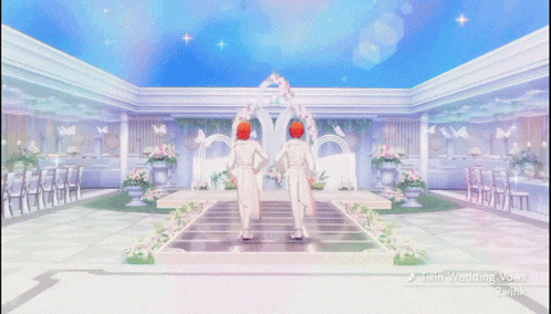 a couple of anime characters with the words " twin wedding vows " on the bottom