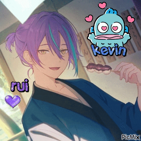 a boy with purple hair is holding a skewer with a kevin sticker