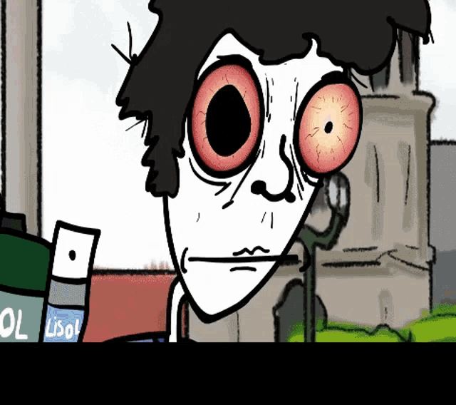 a cartoon drawing of a man with big red eyes and a bottle that says ol on it