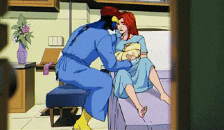 a cartoon of a man holding a baby while a woman sits in a hospital bed