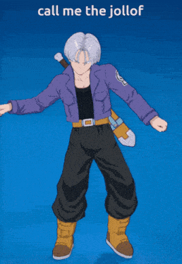 a man in a purple jacket and black pants is dancing with the words call me the jollof above him