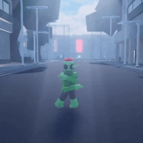 a cartoon character with a skull on his head is walking down a street in a video game