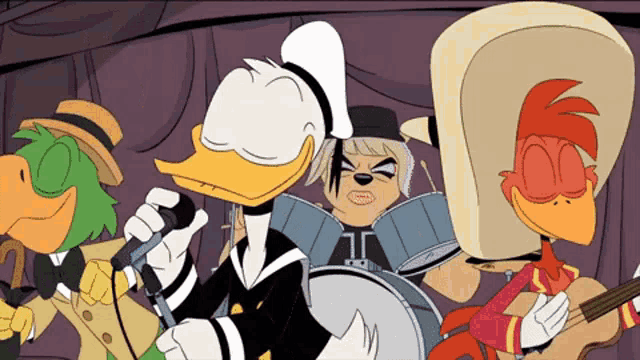 a group of cartoon characters including donald duck are singing and playing instruments