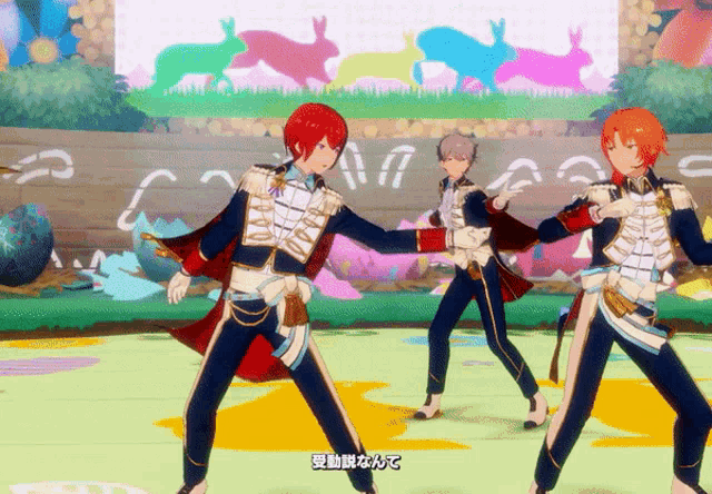 a group of anime characters are dancing in front of a colorful background