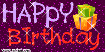 a purple background with the words happy birthday and a yellow gift box
