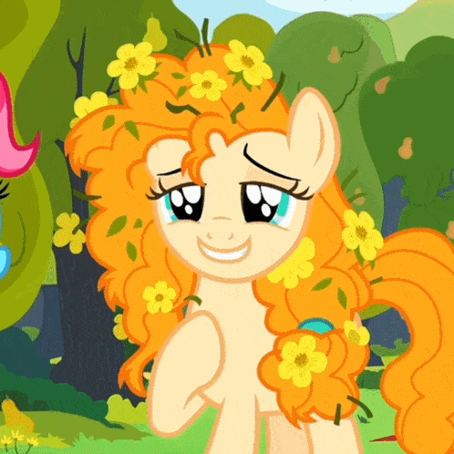 a cartoon pony with orange hair and yellow flowers on it