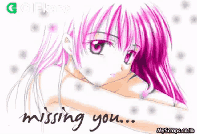 a picture of a girl with pink hair and the words missing you on the bottom