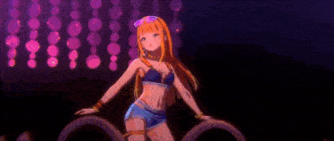 a girl in a bikini is dancing on a stage in front of flowers