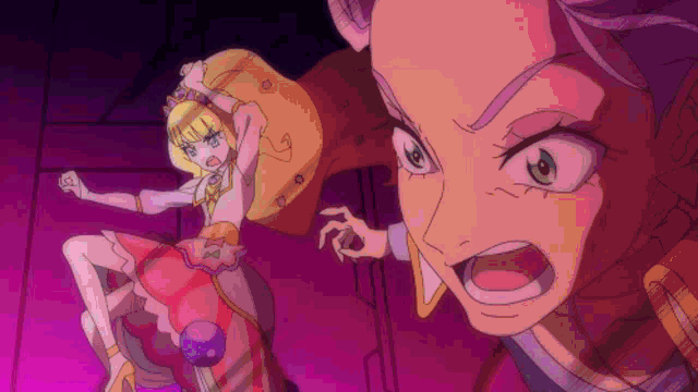 a cartoon of a girl with a crown on her head standing next to a man
