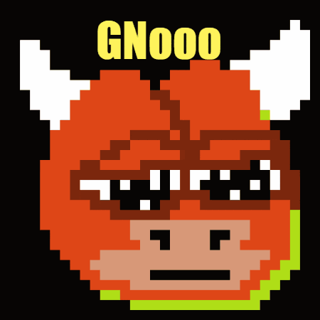 a pixel art of a bull with the word gnooo written above it