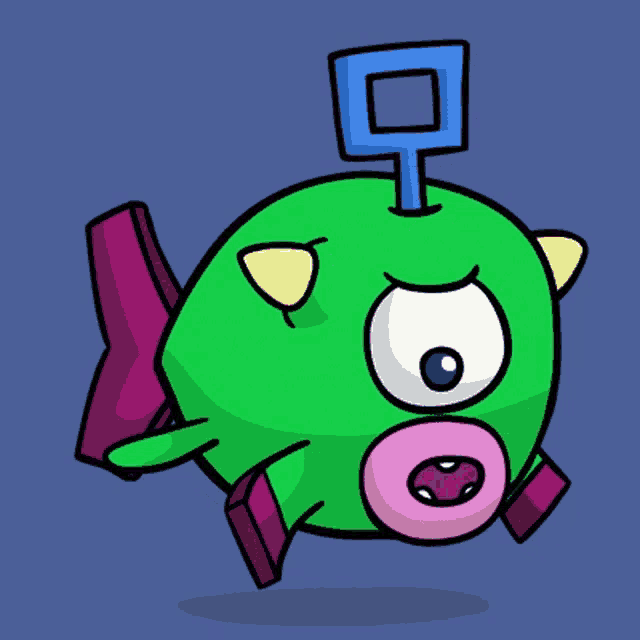 a green cartoon character with a blue square on its head