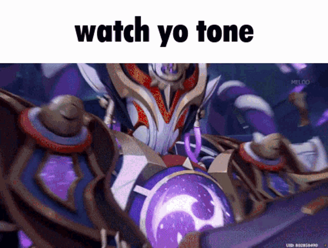 a video game character is holding a purple ball and says watch yo tone .