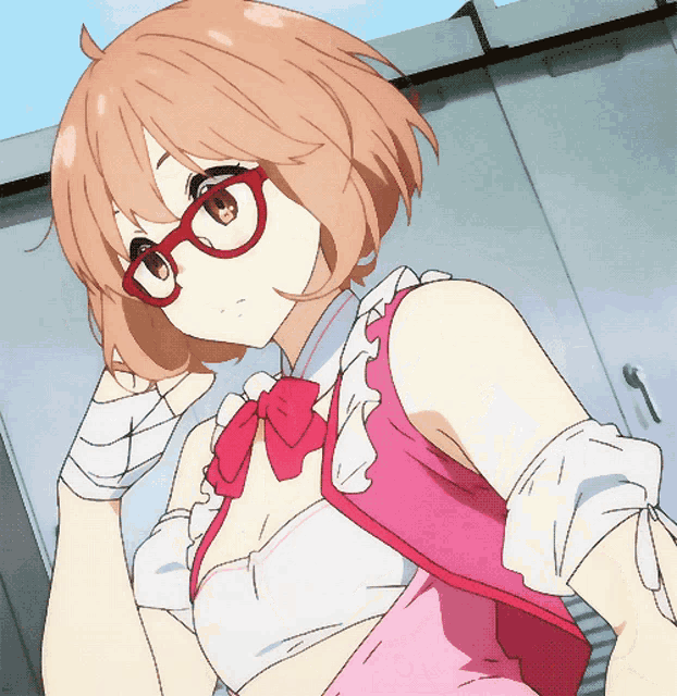 a girl wearing glasses and a pink dress has a bandaged hand