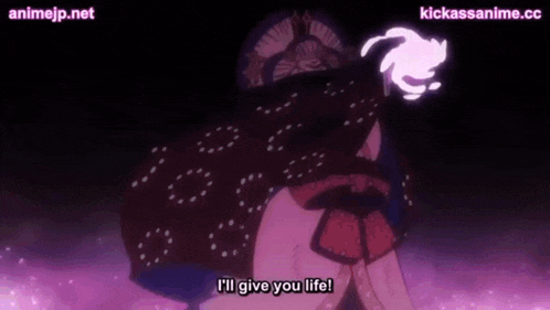 a cartoon character is saying `` i 'll give you life '' while holding a purple object .