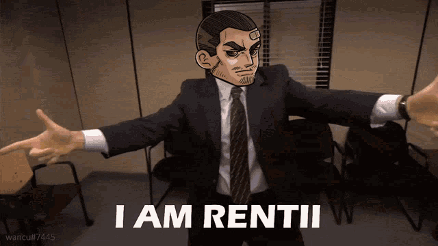 a man in a suit and tie with his arms outstretched says " i am rentii "