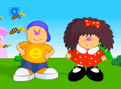 a boy and a girl are standing next to each other in a cartoon scene