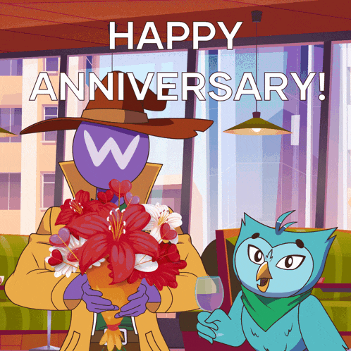 a cartoon of a man holding a bouquet of flowers with the words happy anniversary