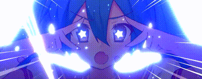a cartoon girl with blue hair and stars in her eyes is holding a lightning bolt in her hand .