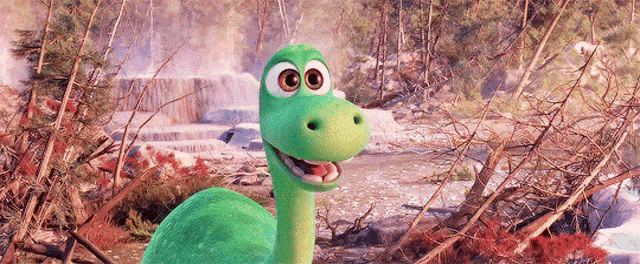 a green dinosaur with big eyes is standing in a forest near a waterfall