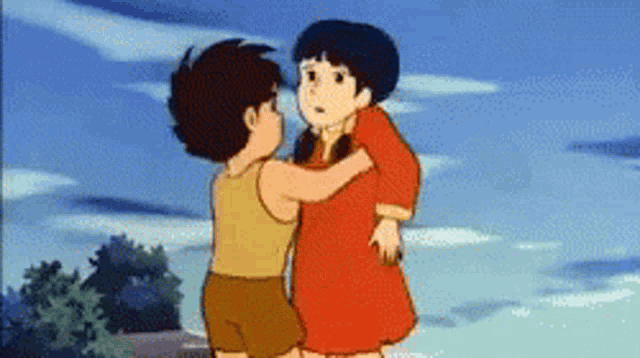 a boy and a girl hugging each other in a cartoon