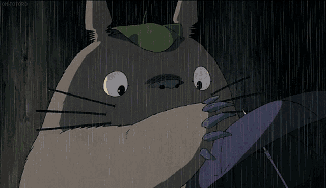 a cartoon character holding an umbrella in the rain with the word totoro at the bottom
