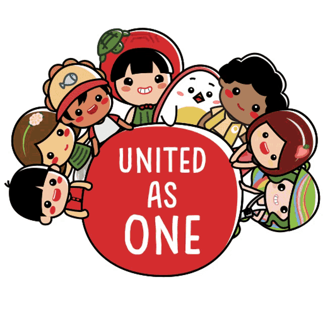 a group of kids are gathered around a red circle that says united as one