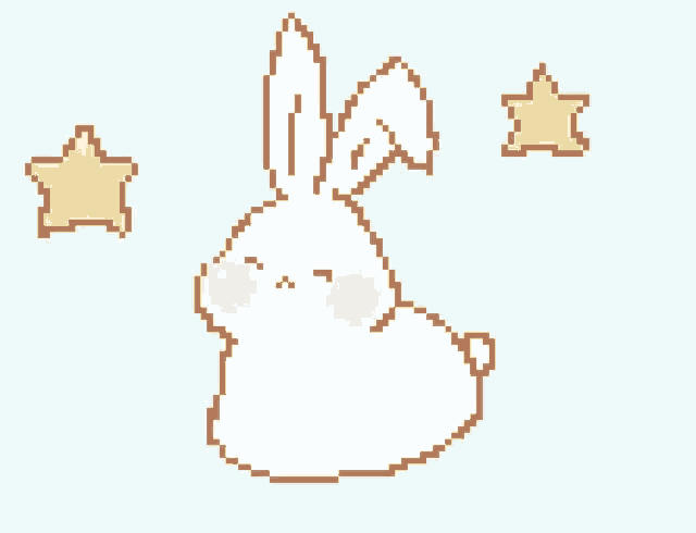 a pixel art drawing of a white bunny with two yellow stars