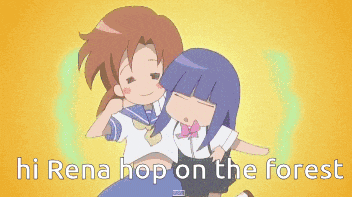 two anime girls are standing next to each other with the words hi rena hop on the forest above them