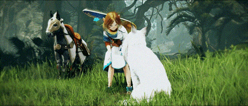 a girl is riding a horse and petting a white cat in a field