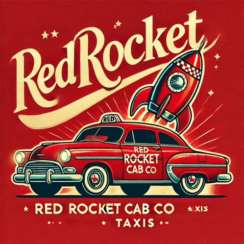 an advertisement for red rocket cab co taxis with a red car and a rocket