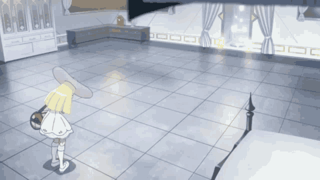 a girl in a white dress is standing on a tiled floor in an empty room