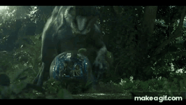 a giant frog is swimming in the water in a forest .