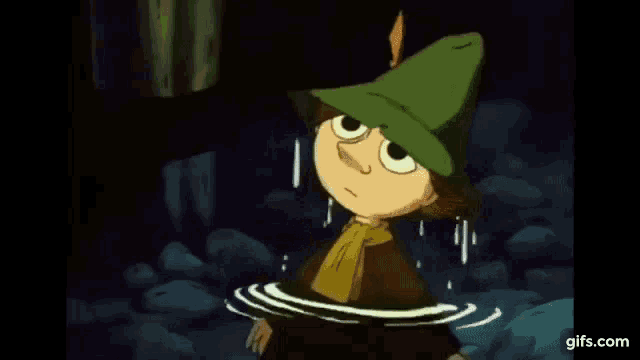 a cartoon character is standing in the water with his hands on his head .