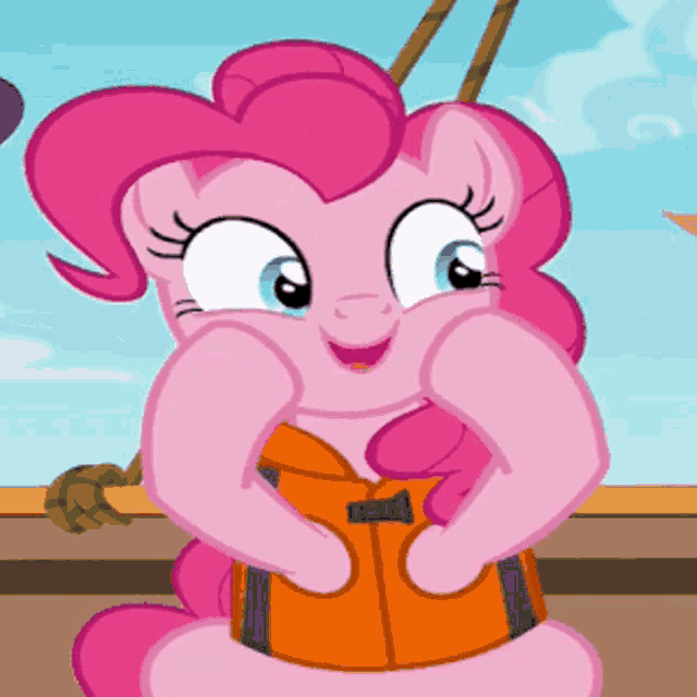 pinkie pie from my little pony wearing an orange life vest