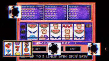 a slot machine with watermelons on it and the words " bet to 3 lines spin spin spin "