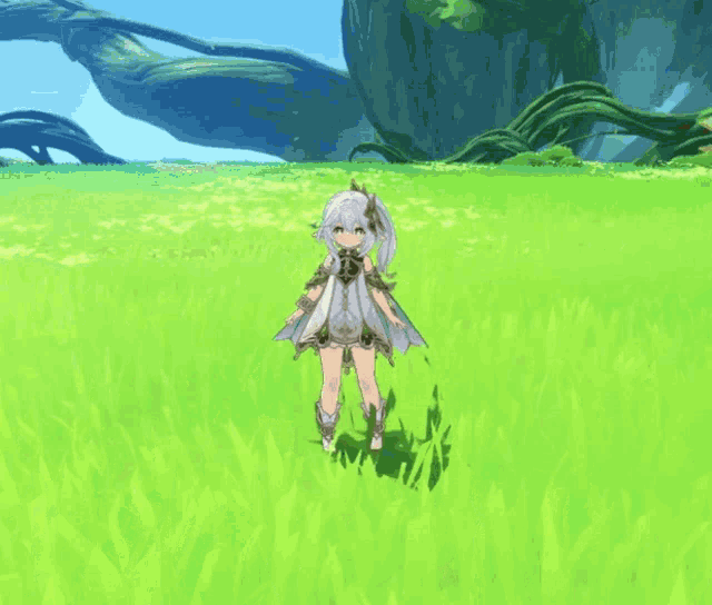 a girl in a white dress is standing in a grassy field with a yellow sign that says ' sven ' on it