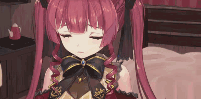 a girl with pink hair and a black bow is sitting on a bed